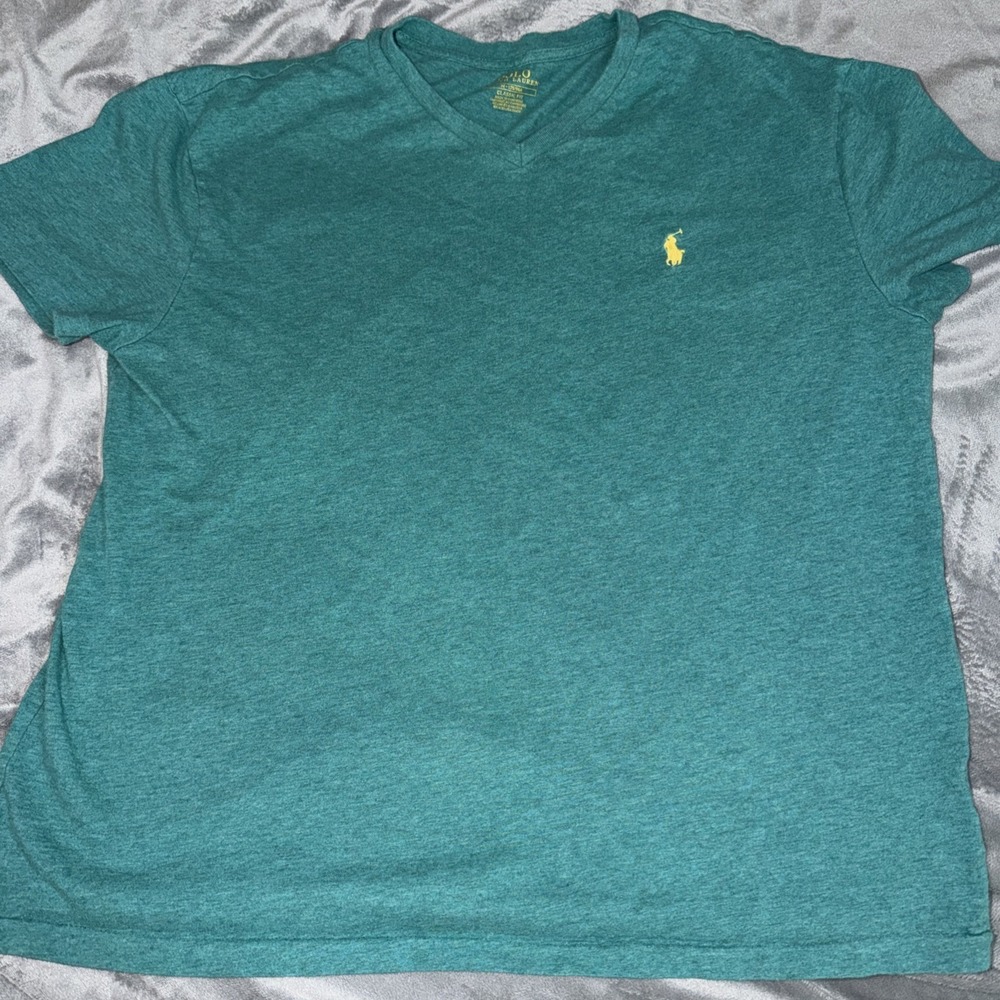 Polo Ralph Lauren T-Shirt Sz M Aqua Blue Green‎ Yellow Horse V Neck
